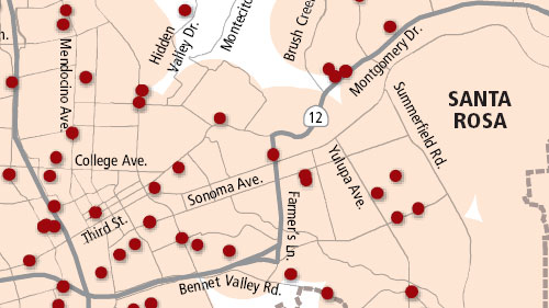 Map of Santa Rosa showing areas sex offenders cannot live