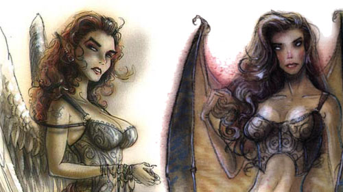 Erinyes to the left, Succubus to the right
